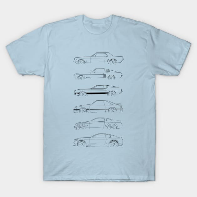 Evolution of the Ford Mustang - profile stencil, black T-Shirt by mal_photography